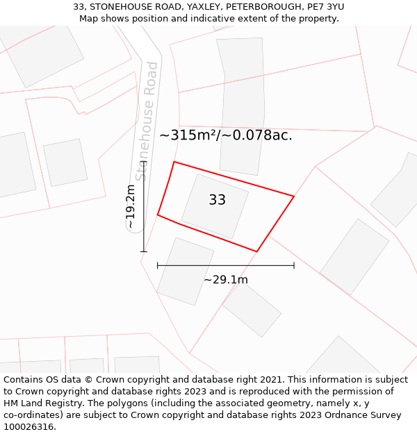 33, STONEHOUSE ROAD, YAXLEY, PETERBOROUGH, PE7 3YU: Plot and title map