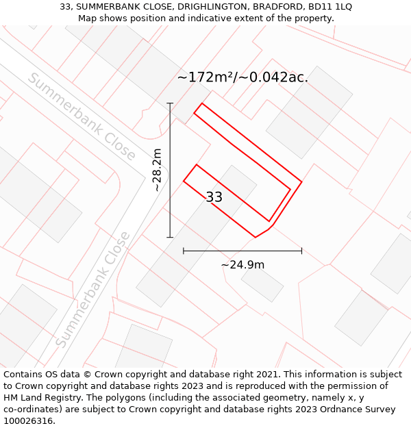 33, SUMMERBANK CLOSE, DRIGHLINGTON, BRADFORD, BD11 1LQ: Plot and title map