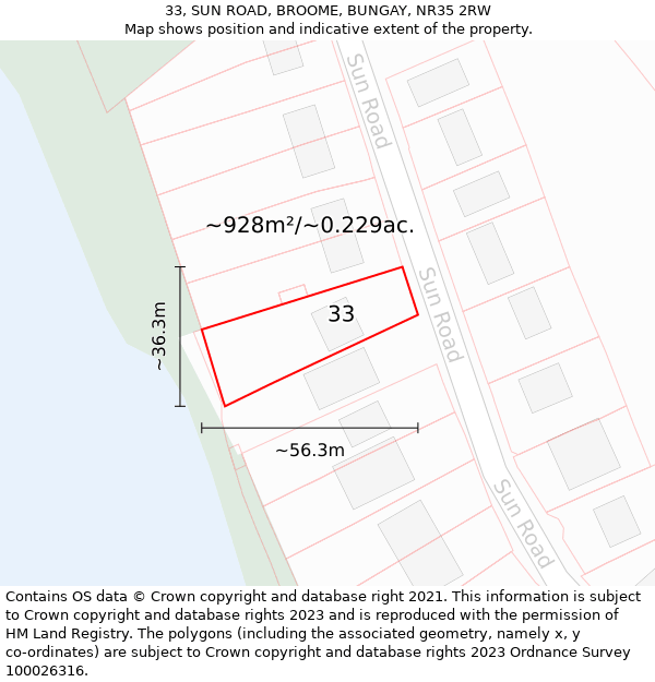 33, SUN ROAD, BROOME, BUNGAY, NR35 2RW: Plot and title map