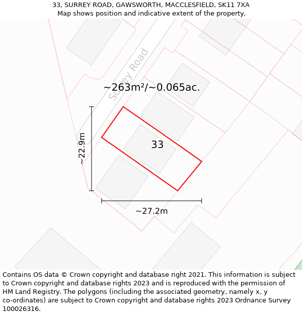 33, SURREY ROAD, GAWSWORTH, MACCLESFIELD, SK11 7XA: Plot and title map