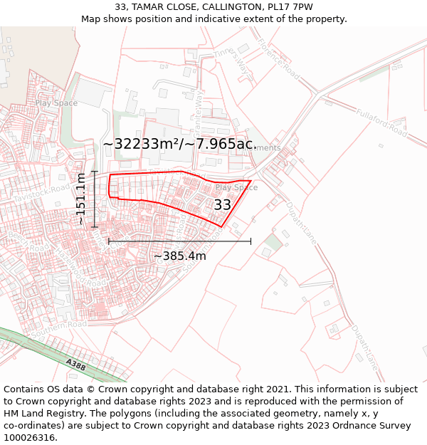 33, TAMAR CLOSE, CALLINGTON, PL17 7PW: Plot and title map