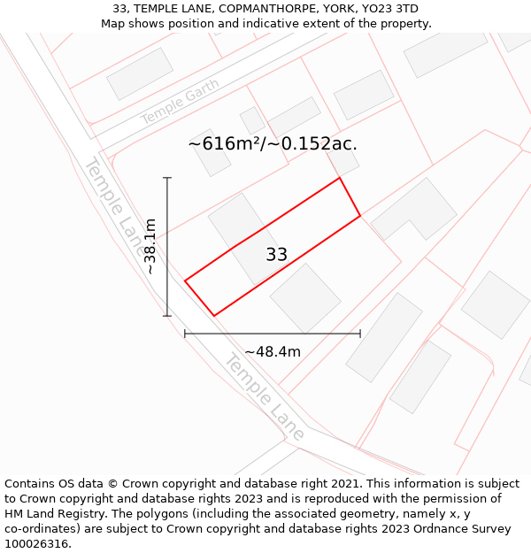 33, TEMPLE LANE, COPMANTHORPE, YORK, YO23 3TD: Plot and title map