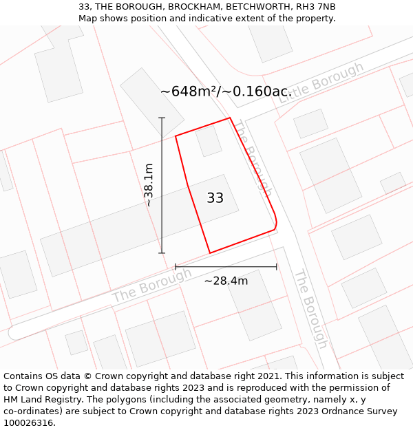 33, THE BOROUGH, BROCKHAM, BETCHWORTH, RH3 7NB: Plot and title map