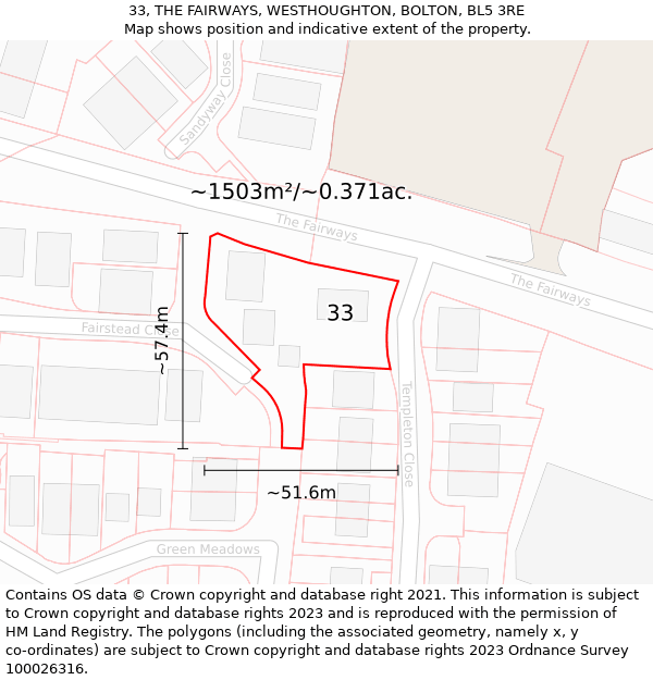 33, THE FAIRWAYS, WESTHOUGHTON, BOLTON, BL5 3RE: Plot and title map