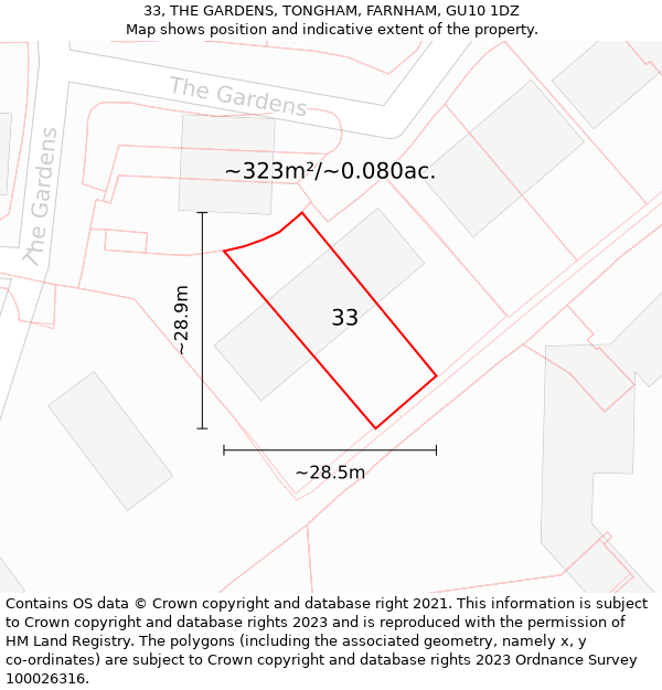 33, THE GARDENS, TONGHAM, FARNHAM, GU10 1DZ: Plot and title map