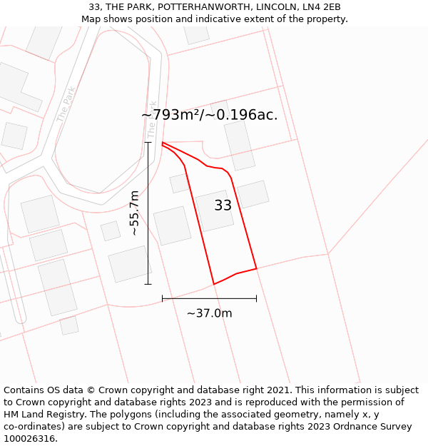 33, THE PARK, POTTERHANWORTH, LINCOLN, LN4 2EB: Plot and title map