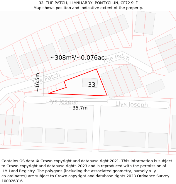 33, THE PATCH, LLANHARRY, PONTYCLUN, CF72 9LF: Plot and title map