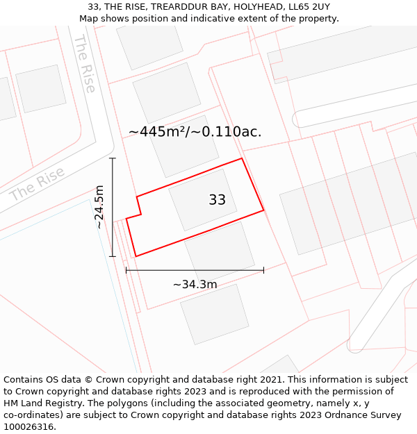 33, THE RISE, TREARDDUR BAY, HOLYHEAD, LL65 2UY: Plot and title map