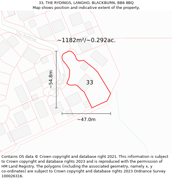 33, THE RYDINGS, LANGHO, BLACKBURN, BB6 8BQ: Plot and title map