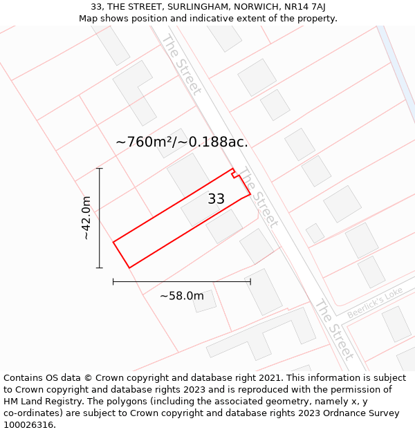 33, THE STREET, SURLINGHAM, NORWICH, NR14 7AJ: Plot and title map