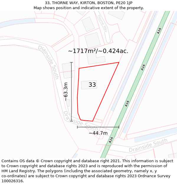 33, THORNE WAY, KIRTON, BOSTON, PE20 1JP: Plot and title map