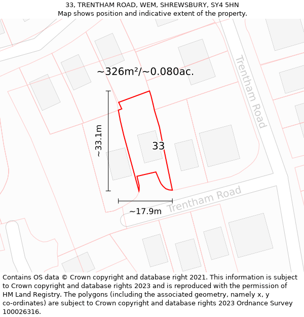 33, TRENTHAM ROAD, WEM, SHREWSBURY, SY4 5HN: Plot and title map