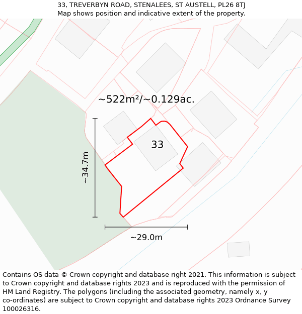 33, TREVERBYN ROAD, STENALEES, ST AUSTELL, PL26 8TJ: Plot and title map