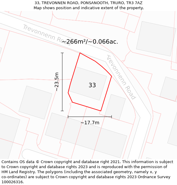 33, TREVONNEN ROAD, PONSANOOTH, TRURO, TR3 7AZ: Plot and title map