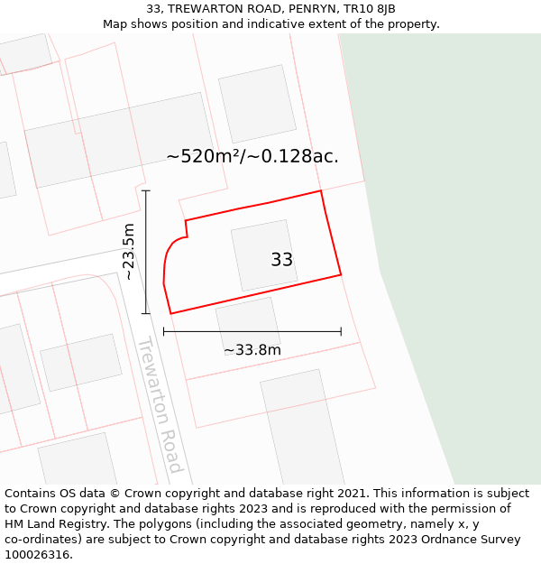 33, TREWARTON ROAD, PENRYN, TR10 8JB: Plot and title map