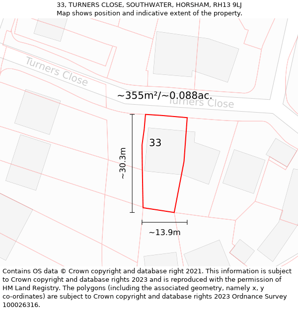 33, TURNERS CLOSE, SOUTHWATER, HORSHAM, RH13 9LJ: Plot and title map