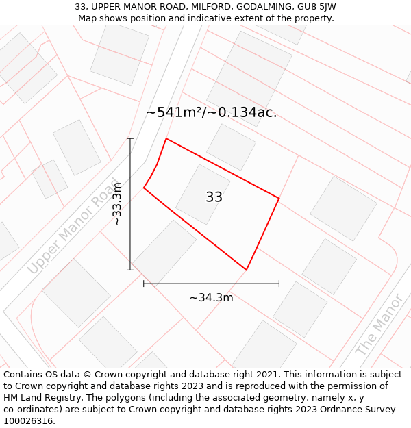 33, UPPER MANOR ROAD, MILFORD, GODALMING, GU8 5JW: Plot and title map