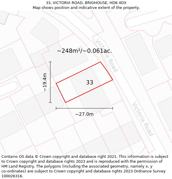 33, VICTORIA ROAD, BRIGHOUSE, HD6 4DX: Plot and title map