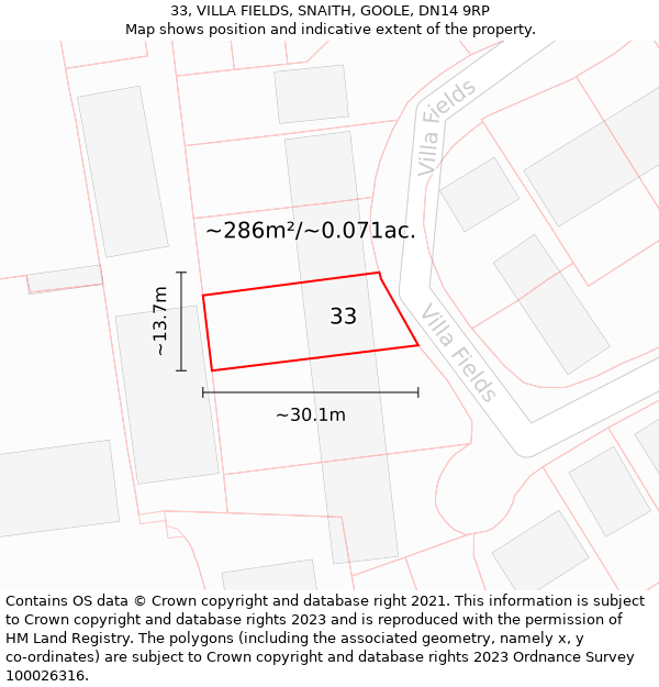 33, VILLA FIELDS, SNAITH, GOOLE, DN14 9RP: Plot and title map