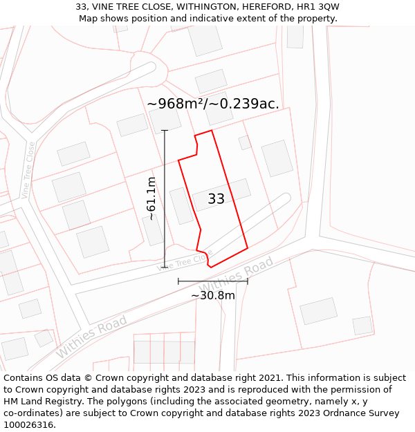 33, VINE TREE CLOSE, WITHINGTON, HEREFORD, HR1 3QW: Plot and title map