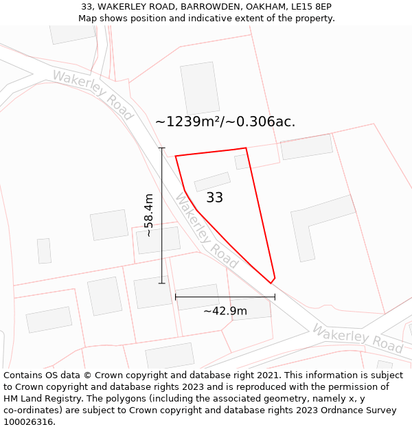 33, WAKERLEY ROAD, BARROWDEN, OAKHAM, LE15 8EP: Plot and title map