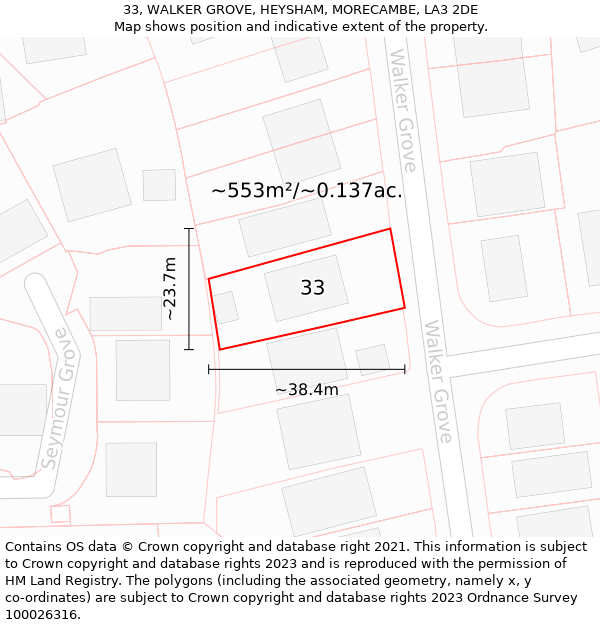 33, WALKER GROVE, HEYSHAM, MORECAMBE, LA3 2DE: Plot and title map