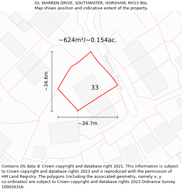 33, WARREN DRIVE, SOUTHWATER, HORSHAM, RH13 9GL: Plot and title map