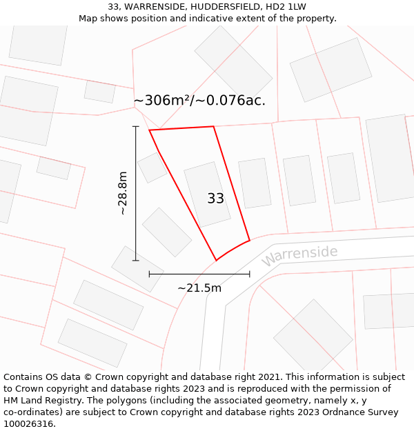 33, WARRENSIDE, HUDDERSFIELD, HD2 1LW: Plot and title map