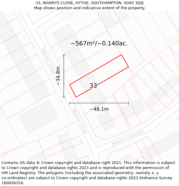 33, WARRYS CLOSE, HYTHE, SOUTHAMPTON, SO45 3QQ: Plot and title map