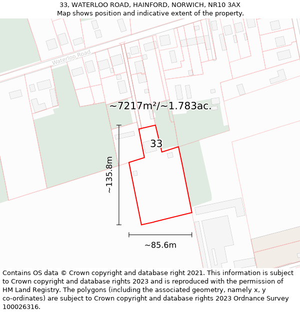 33, WATERLOO ROAD, HAINFORD, NORWICH, NR10 3AX: Plot and title map