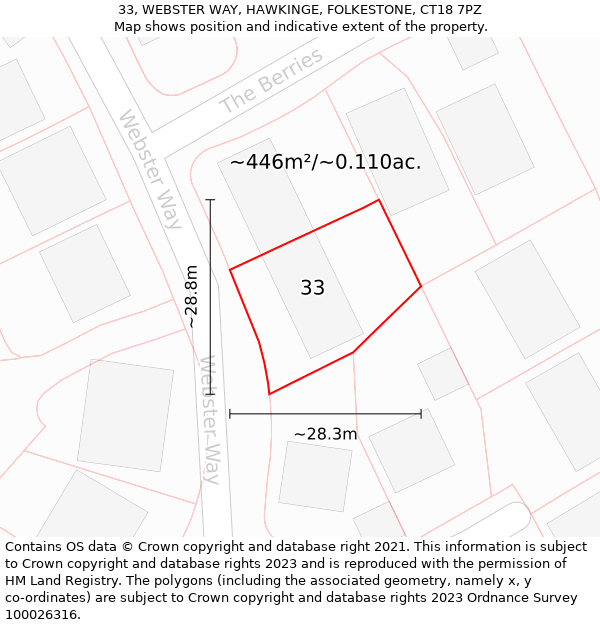 33, WEBSTER WAY, HAWKINGE, FOLKESTONE, CT18 7PZ: Plot and title map