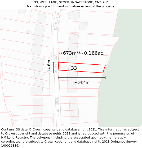 33, WELL LANE, STOCK, INGATESTONE, CM4 9LZ: Plot and title map