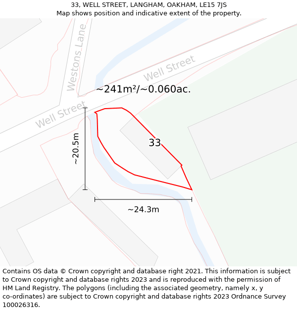 33, WELL STREET, LANGHAM, OAKHAM, LE15 7JS: Plot and title map