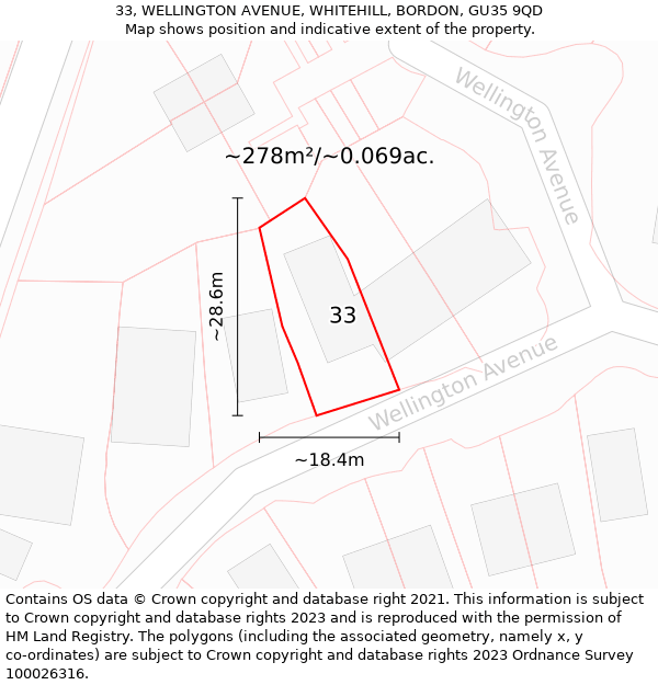 33, WELLINGTON AVENUE, WHITEHILL, BORDON, GU35 9QD: Plot and title map