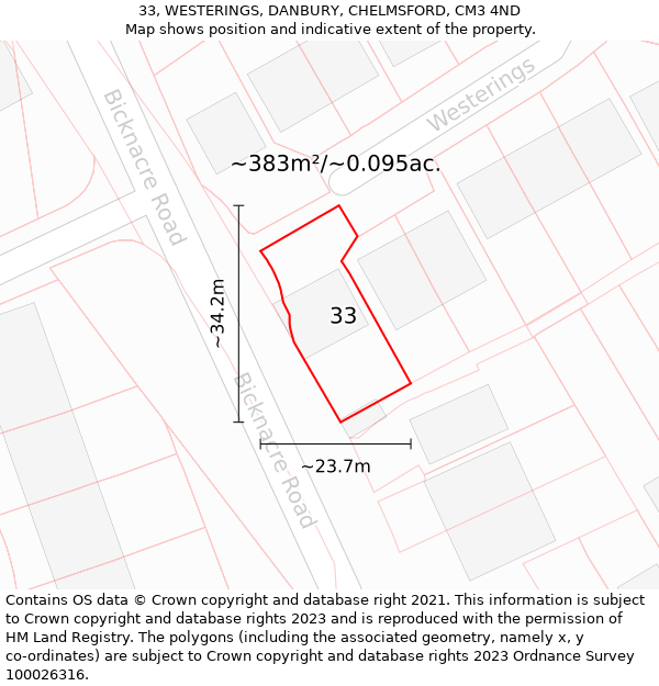 33, WESTERINGS, DANBURY, CHELMSFORD, CM3 4ND: Plot and title map