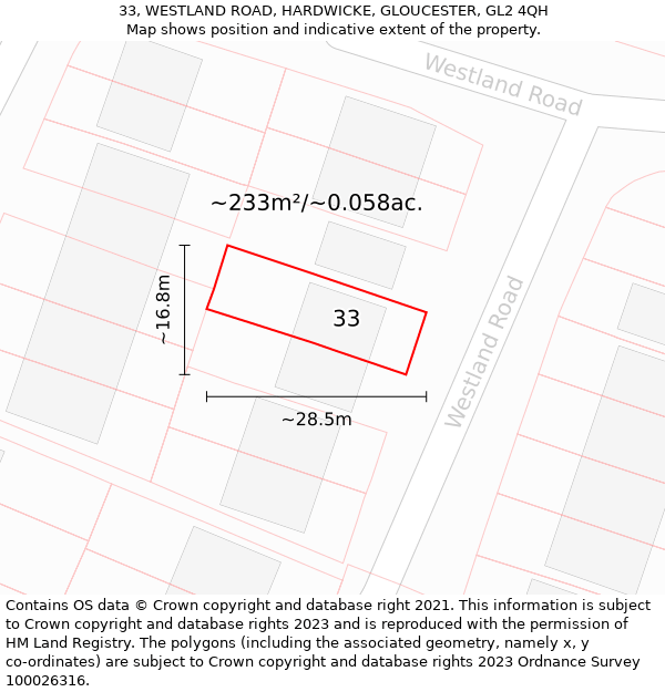 33, WESTLAND ROAD, HARDWICKE, GLOUCESTER, GL2 4QH: Plot and title map