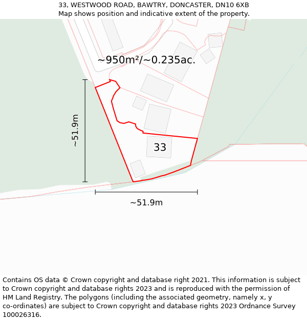 33, WESTWOOD ROAD, BAWTRY, DONCASTER, DN10 6XB: Plot and title map