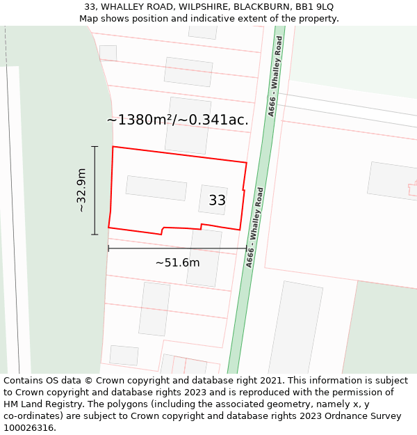 33, WHALLEY ROAD, WILPSHIRE, BLACKBURN, BB1 9LQ: Plot and title map