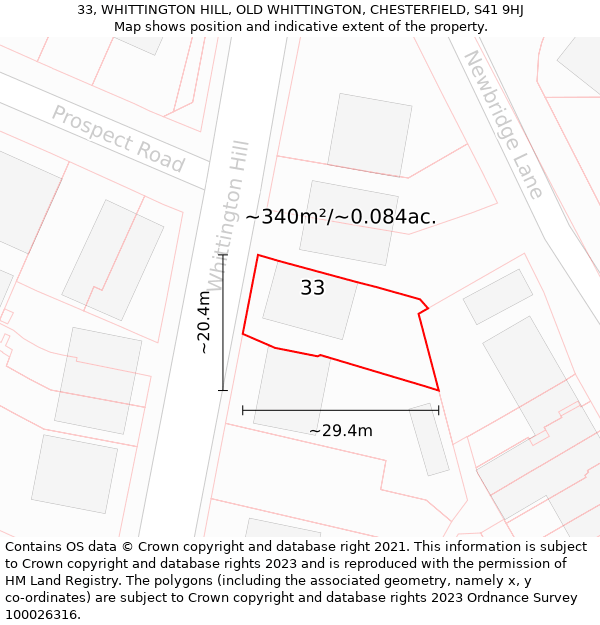 33, WHITTINGTON HILL, OLD WHITTINGTON, CHESTERFIELD, S41 9HJ: Plot and title map