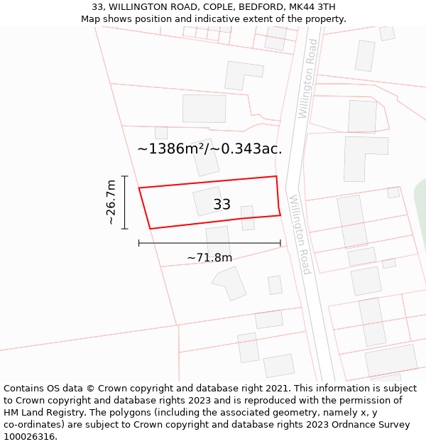 33, WILLINGTON ROAD, COPLE, BEDFORD, MK44 3TH: Plot and title map