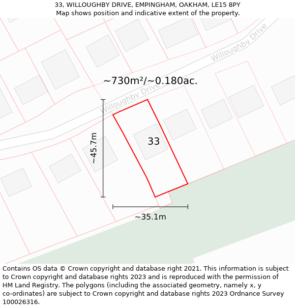 33, WILLOUGHBY DRIVE, EMPINGHAM, OAKHAM, LE15 8PY: Plot and title map