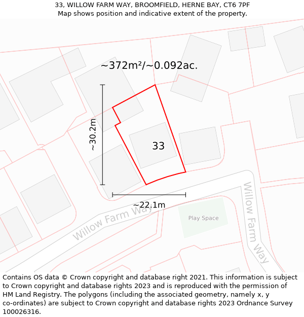 33, WILLOW FARM WAY, BROOMFIELD, HERNE BAY, CT6 7PF: Plot and title map