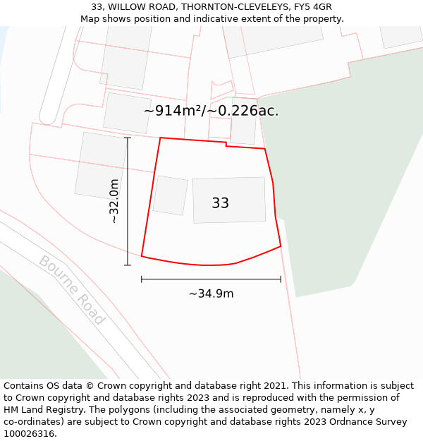 33, WILLOW ROAD, THORNTON-CLEVELEYS, FY5 4GR: Plot and title map