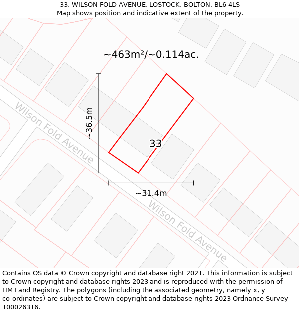 33, WILSON FOLD AVENUE, LOSTOCK, BOLTON, BL6 4LS: Plot and title map