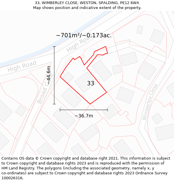 33, WIMBERLEY CLOSE, WESTON, SPALDING, PE12 6WA: Plot and title map