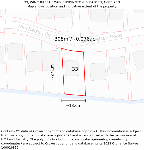 33, WINCHELSEA ROAD, RUSKINGTON, SLEAFORD, NG34 9BN: Plot and title map