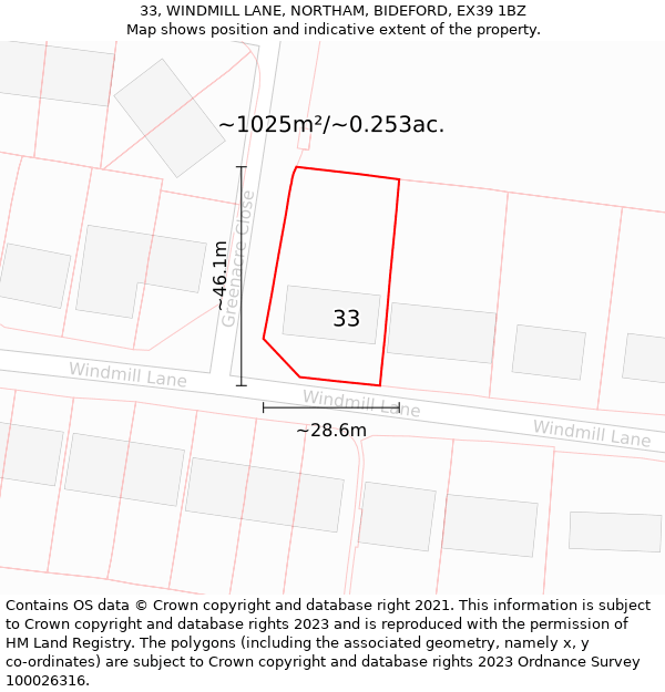 33, WINDMILL LANE, NORTHAM, BIDEFORD, EX39 1BZ: Plot and title map