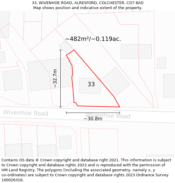 33, WIVENHOE ROAD, ALRESFORD, COLCHESTER, CO7 8AD: Plot and title map