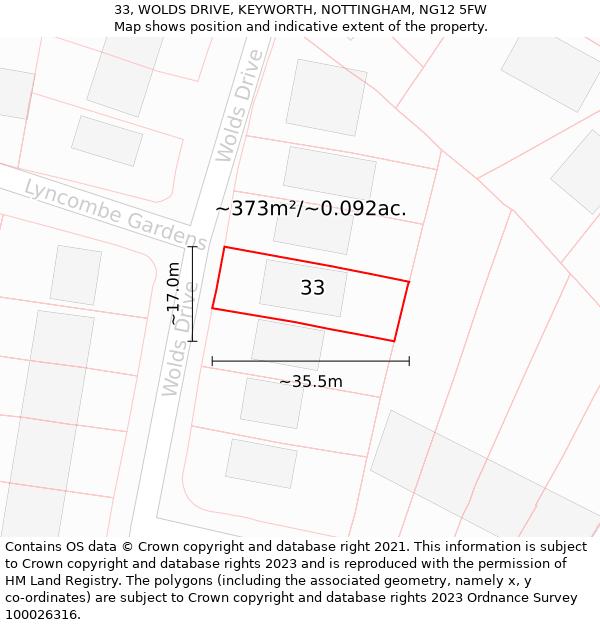 33, WOLDS DRIVE, KEYWORTH, NOTTINGHAM, NG12 5FW: Plot and title map