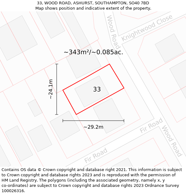 33, WOOD ROAD, ASHURST, SOUTHAMPTON, SO40 7BD: Plot and title map